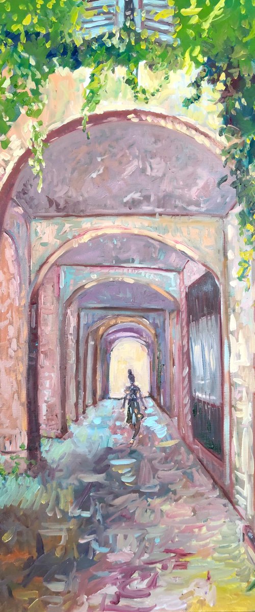 Impressionist urban scene 'Shopping under the arcades' by Linda Clerget