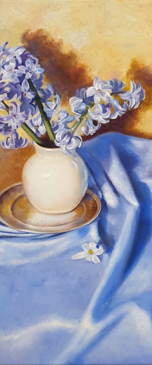 "Blue hyacinths in a white vase" still life flowers hyacinths liGHt original painting   GIFT (2020) by Anna Bessonova (Kotelnik)