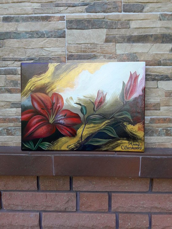 "Crimson fragrance", lilies flowers art, floral painting, mixed media art