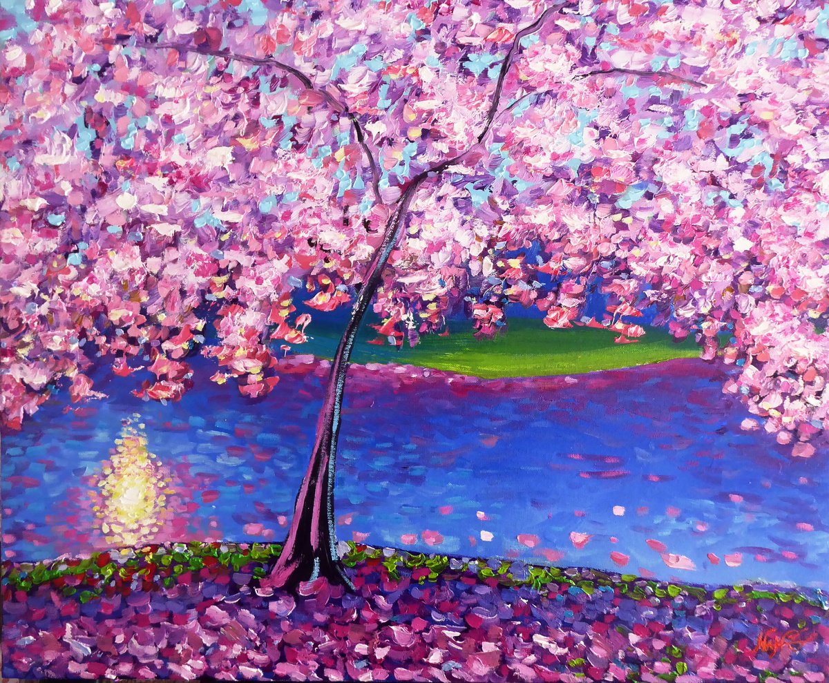 Impressionistic Landscape Oil Painting By Narek Hambardzumyan, 26 X 21", Blossom And Moon, Original Artwork