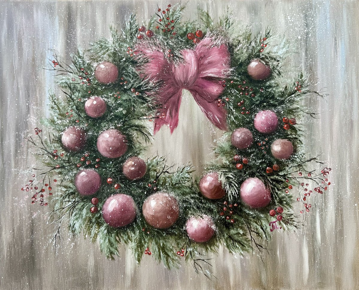Abstract Botanical Oil Painting By Tanja Frost, 20 X 16", Cristmas Wreath Pink, Original Artwork
