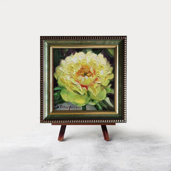 Yellow unique peony oil painting original framed, Small oil painting miniature, Floral oil painting Easter picture gift