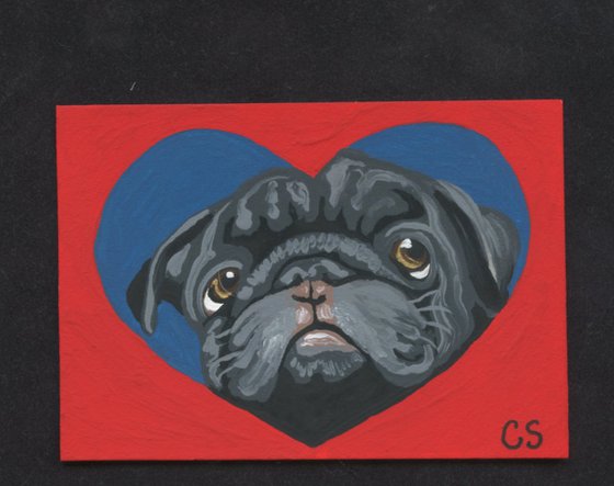 ACEO ATC Original Painting Black Pug Valentine Pet Dog Art-Carla Smale