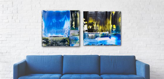 "Cold Front" - Save As A Series - Original PMS Abstract Acrylic Painting Diptych On Recycled Wooden Desk Panels - 54" x 26"