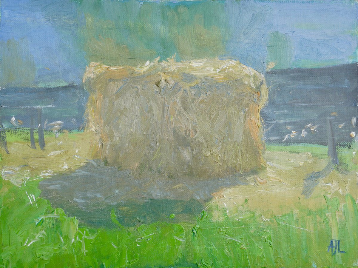 Impressionistic Landscape Oil Painting By Alex James Long, 9 X 7, Haystack In Afternoon Light, Original Artwork