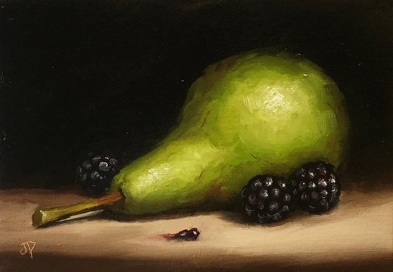 Pear with Blackberries, still life