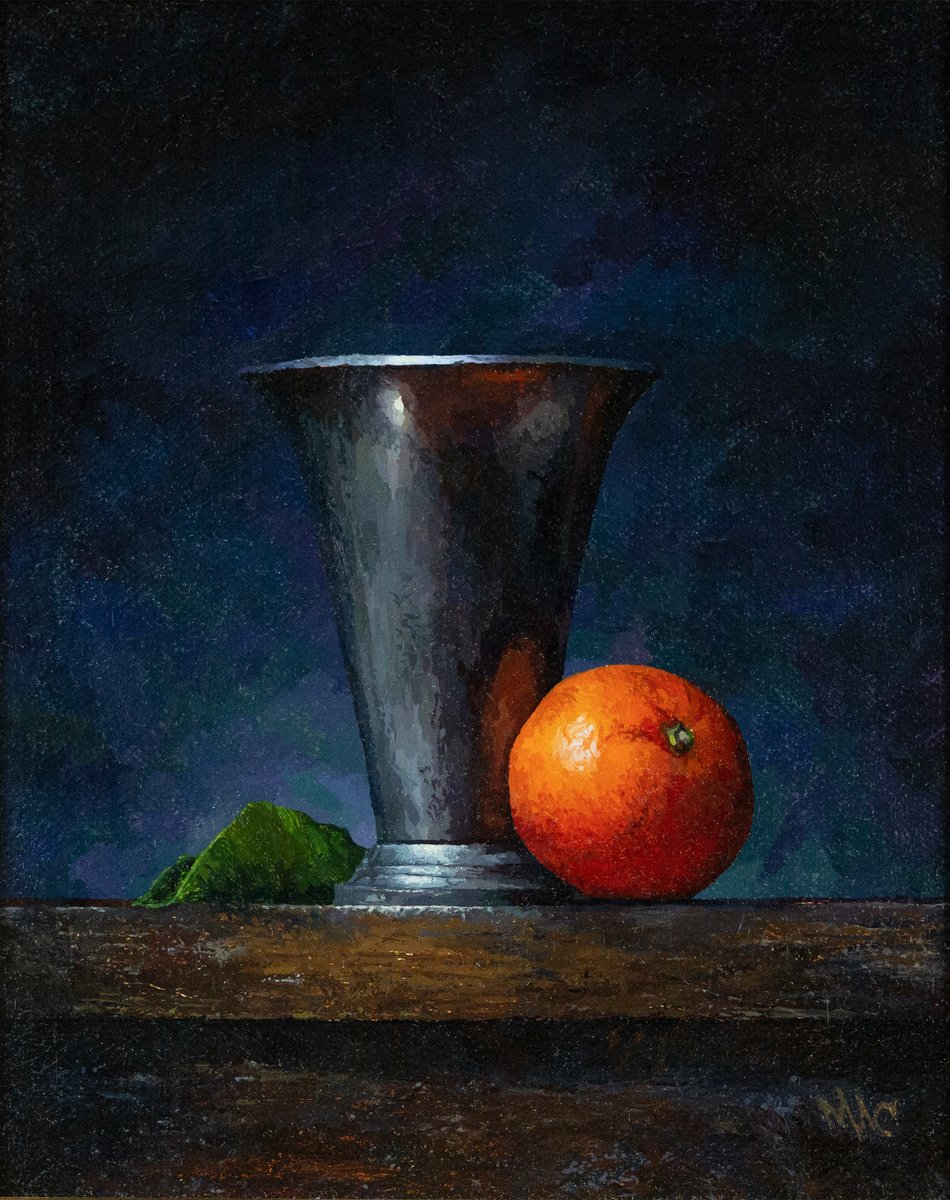 Photorealistic Still Life Oil Painting By Alexey Merzlikin, 7 X 8, Pewter Sunset, Original Artwork