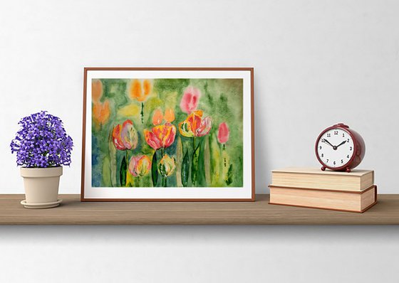 Tulip Painting Floral Original Art Flowers Watercolor Artwork Home Wall Art 17 by 12" by Halyna Kirichenko