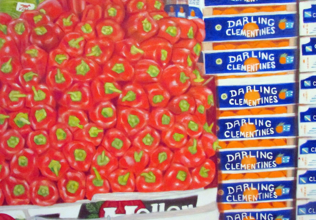 Photorealistic Still Life Oil Painting By Leslie Dannenberg, 24 X 18", Clementines & Peppers 28 X 22, Original Artwork