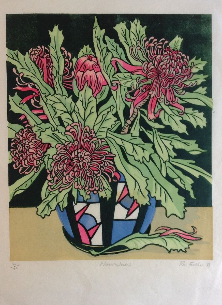 Botanical Linocut By Rosalind Forster, 12 X 17", Warratahs, Original Artwork