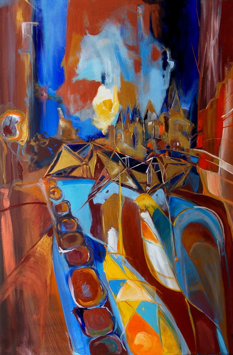 Impressionistic Cityscapes Acrylic Painting By Maria Paunova, 24 X 35", Morning In Bruges, Original Artwork