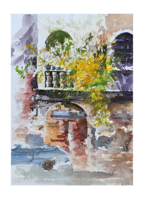 Window with flowers Original Painting Watercolour, contemporary art window, flower impressionist art, cityscape painting, colourful wall art by Dawna Mae Mangeart
