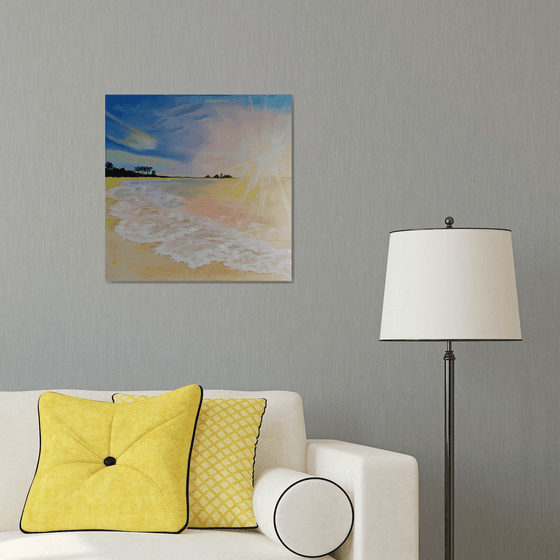 Sunny holiday, original seascape sunrise oil painting, bedroom art, gift idea