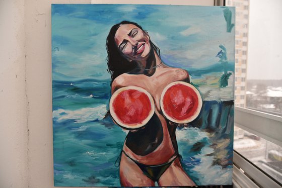 WATERMELONS - sea original oil painting - seaside, summer, erotic art, naked woman, gift idea, pop art, office art home decor