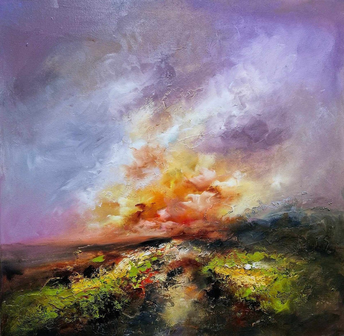 Abstract Landscape Oil Painting By Anna Schofield, 24 X 24, Purple Skies, Original Artwork