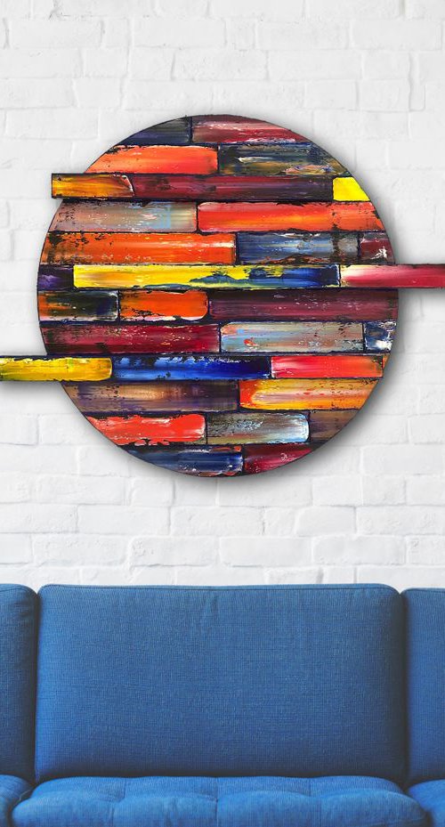 "Misdirection" - FREE USA SHIPPING - Original PMS Assemblage Sculptural Painting On Wood, Tondo - 31 x 24 inches by Preston M. Smith (PMS)