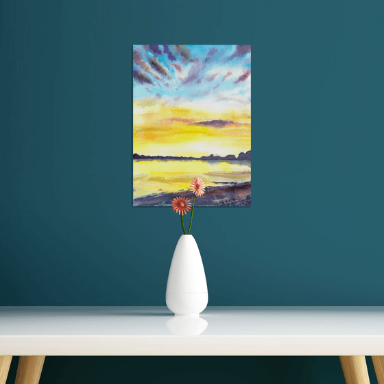 Sunset Painting, Original Landscape Painting, Original Watercolour Painting, Portrait format