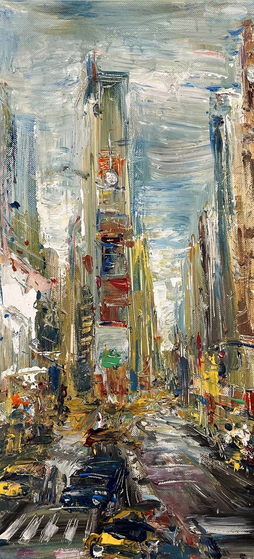 Times Square NYC, abstract impressionist painting 75x78cm by Altin Furxhi