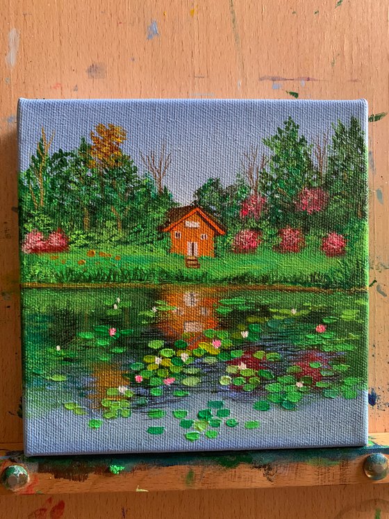 House by water lilies pond - 3 ! Small Painting!!  Ready to hang