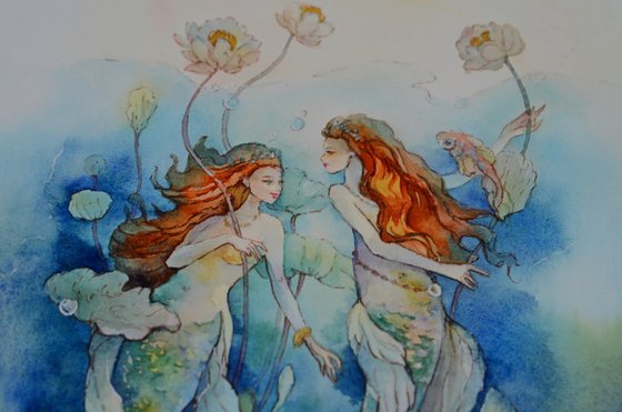 Fantasy red-haired twins, Two mermaid sisters