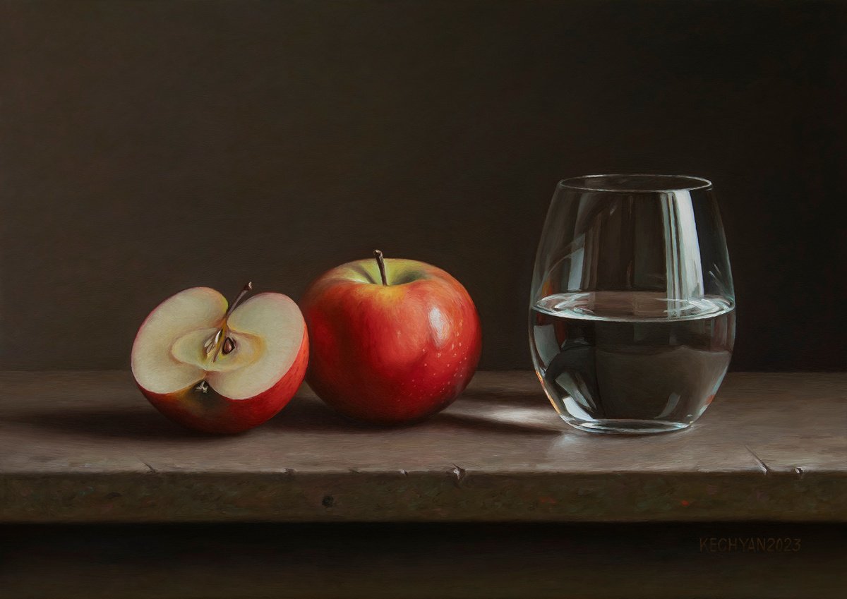 Photorealistic Still Life Oil Painting By Albert Kechyan, 16 X 11, Apples With A Glass, Original Artwork