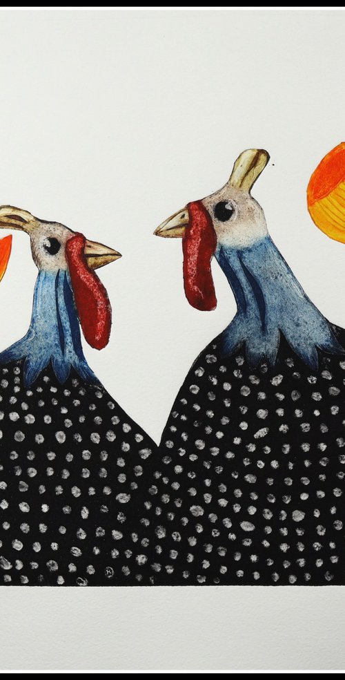 Guinea hens and flowers by Mariann Johansen-Ellis