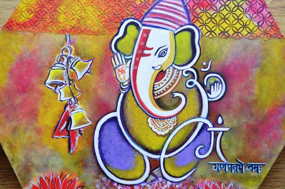 Lord Ganesha with mantra Om Gam Ganapateye Namaha colorful acrylic painting on canvas.