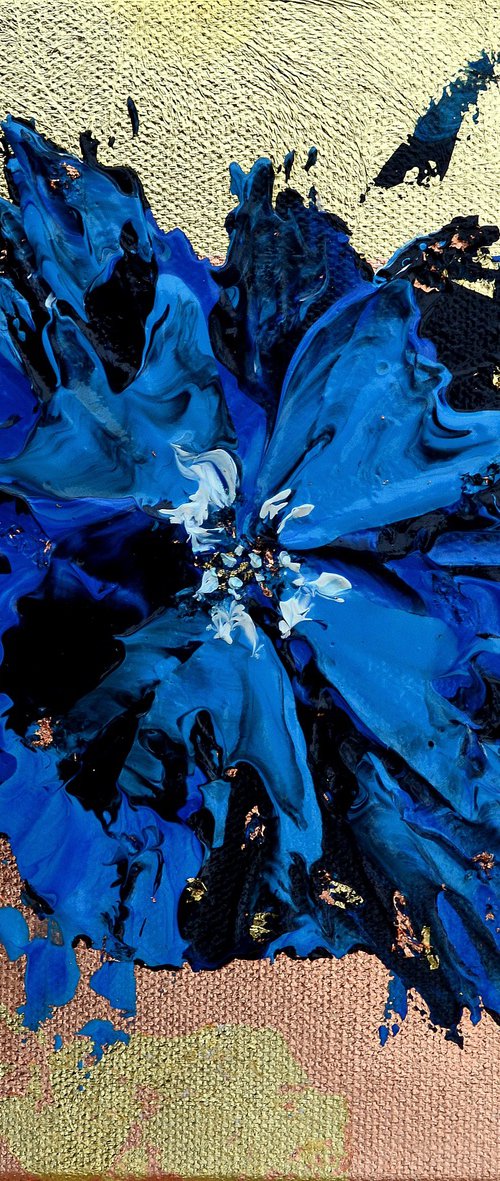 Abstract flower blue gold and copper - free shipping - palette knife painting by Isabelle Vobmann
