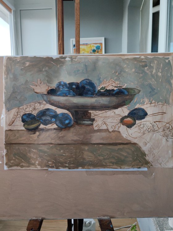 Plums, rosemary and drapery