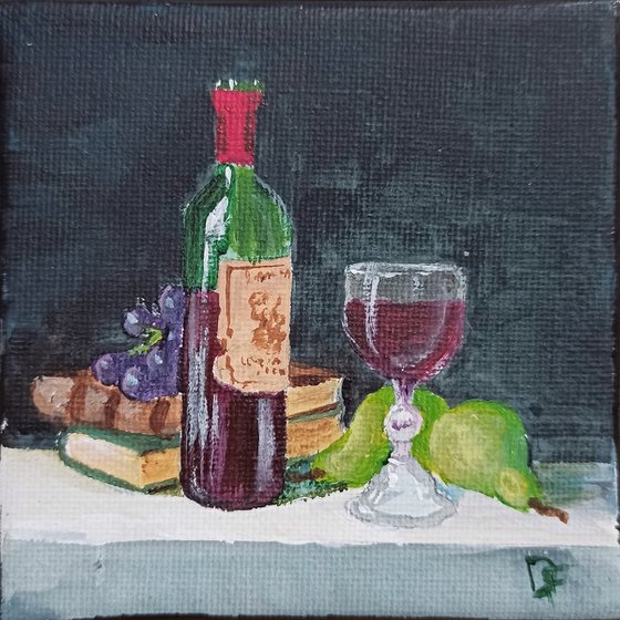 Still life with a bottle of wine and glass. Miniature painting