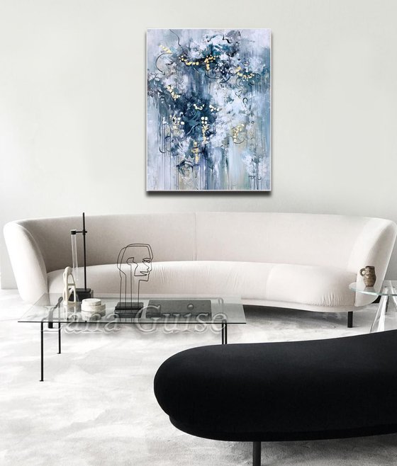 Looking Beyond - Abstract White Grey Painting Large Canvas, Gold Leaf, Minimalist Painting