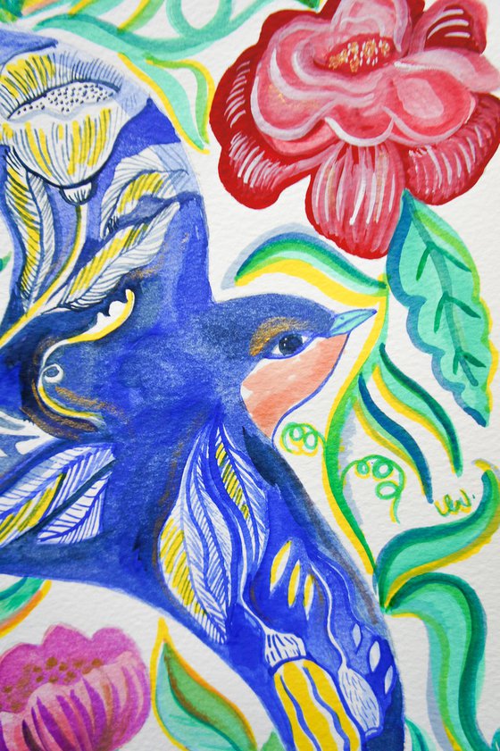 Folk Art Flowers Summer Swallow