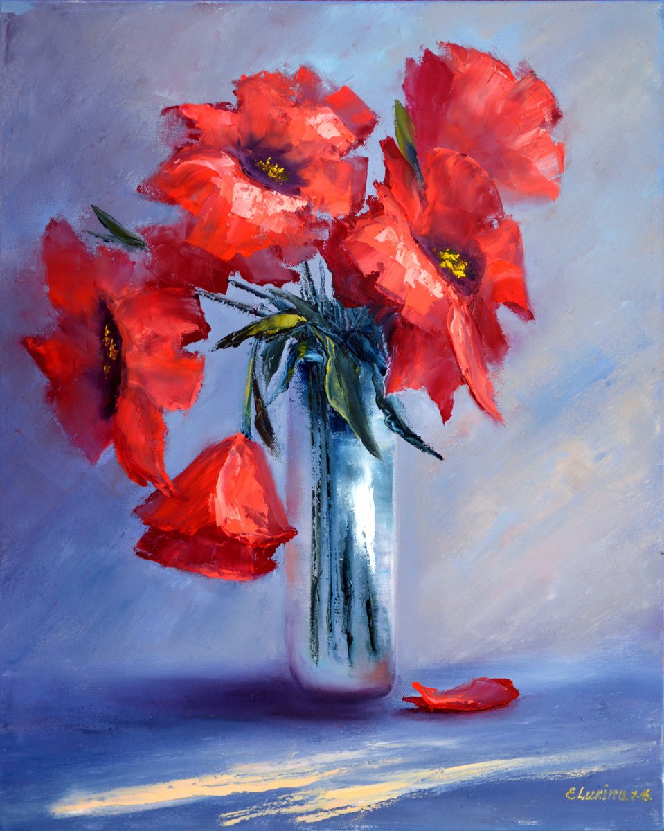 Impressionistic Botanical Oil Painting By Elena Lukina, 16 X 20, Red Poppies On Blue, Original Artwork