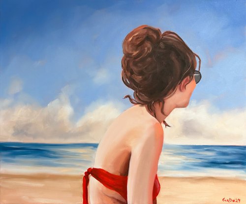 Girl in a Red Swimsuit - Woman in Sunglasses on the Beach Painting by Daria Gerasimova