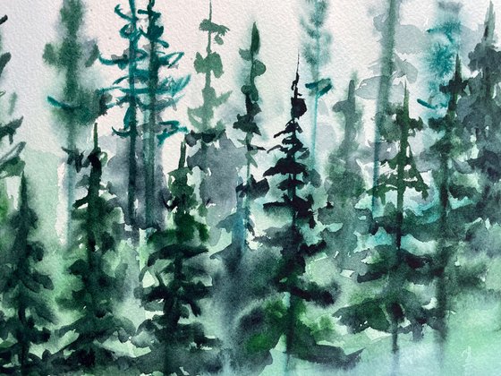 Pine Tree Art, Original Watercolor Painting, Forest Artwork, Mountain Wall Art, Christmas Gift