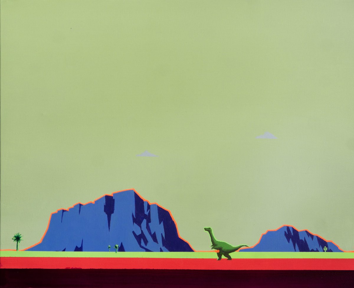 Abstract Landscape Acrylic Painting By Bohdan Katolyk, 24 X 20, Dinosaur In The Desert, Original Artwork