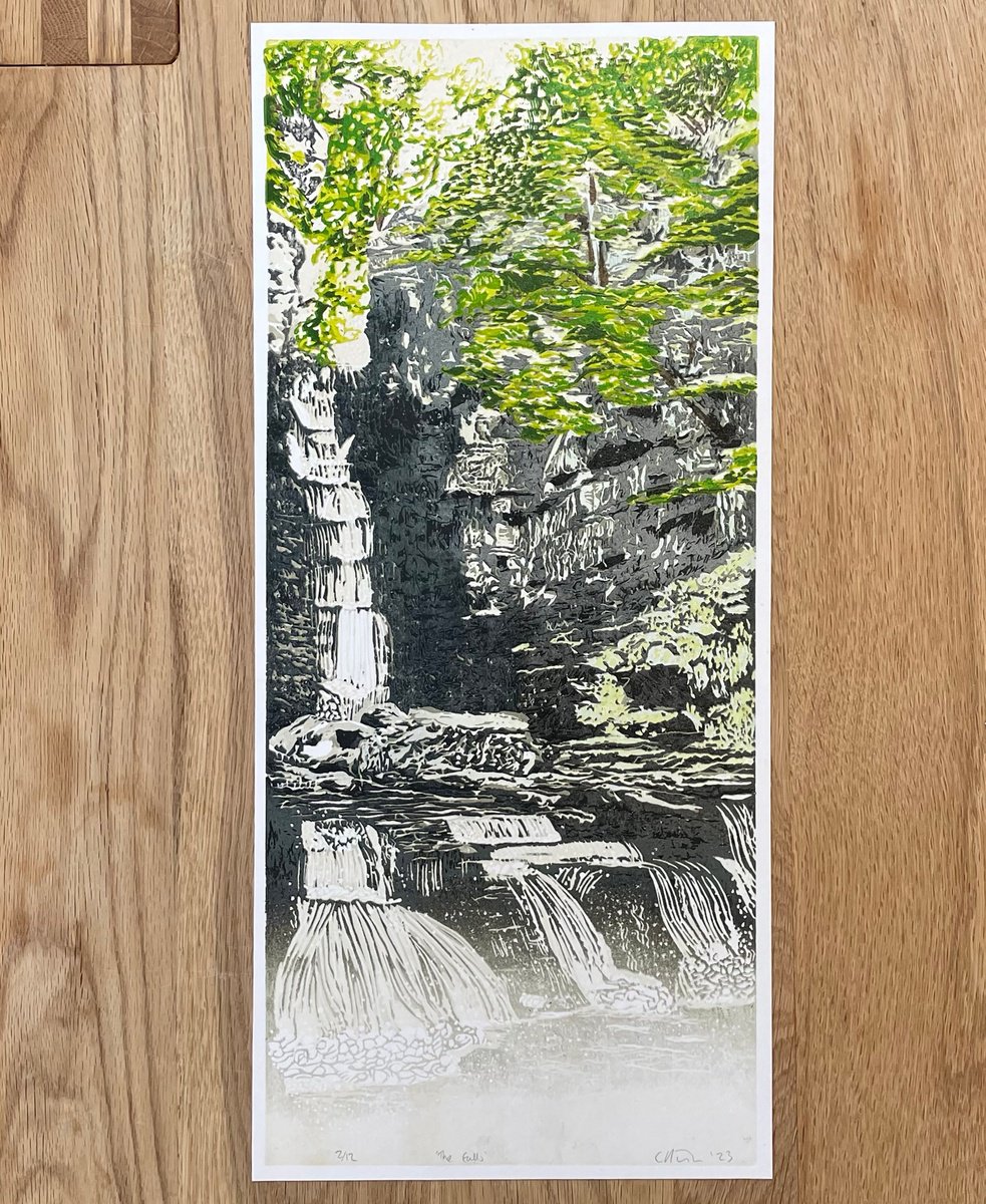 Impressionistic Landscape Linocut By C Staunton, 16 X 7, The Falls Waterfall Linocut, Original Artwork