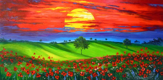 Sunset over a poppy field