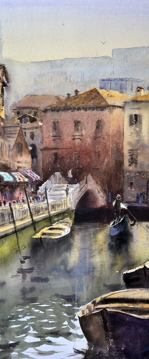 Gondola before bridge Venice Italy 53x35cm 2020 by Nenad Kojić watercolorist