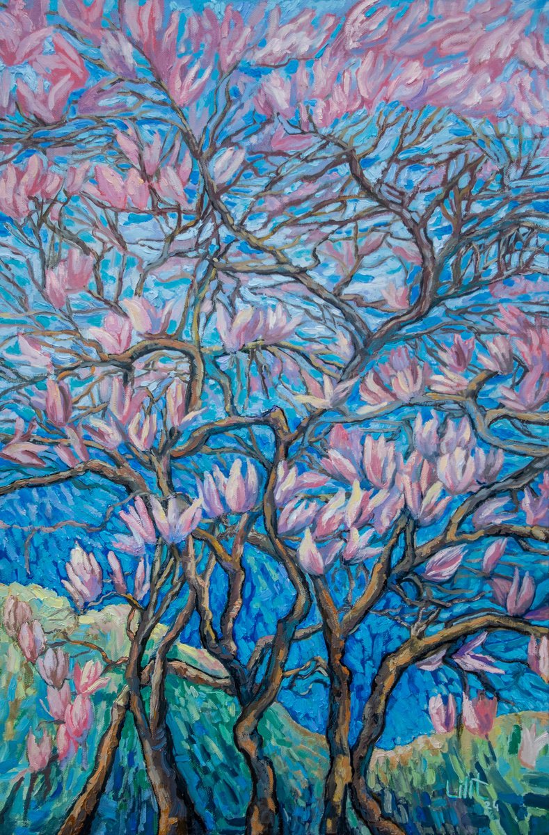 Impressionistic Landscape Oil Painting By Lilit Vardanyan, 20 X 31", Magnolia #2, Original Artwork