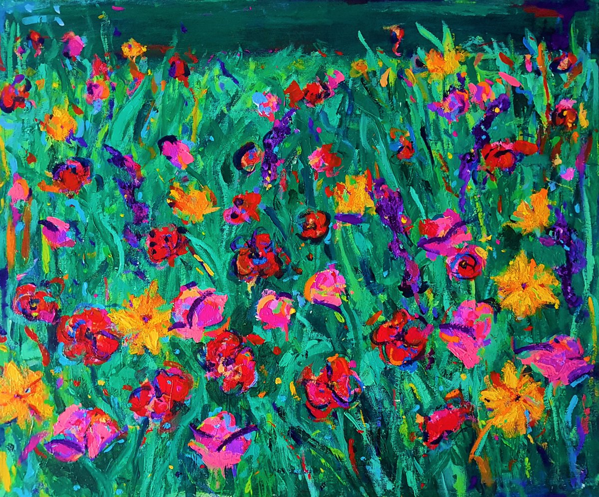 Impressionistic Botanical Acrylic Painting By Dawn Underwood, 24 X 20, Flower Field, Original Artwork