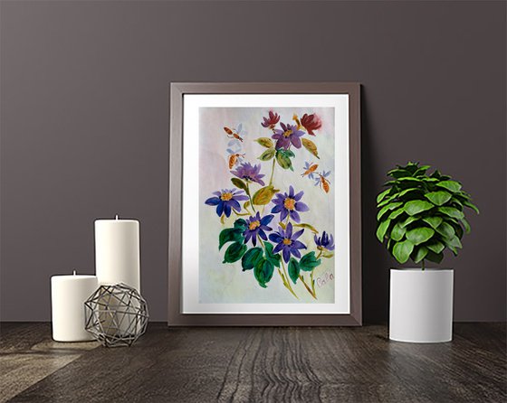 Honeybee Painting Original Watercolor Artwork Flower Art Home Decor 12 by 17" by Halyna Kirichenko