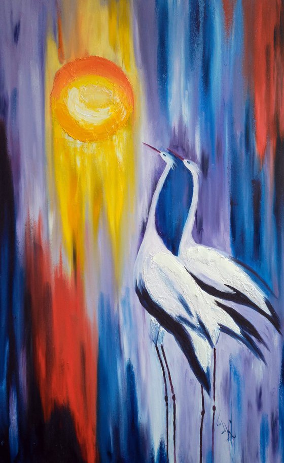 Storks Painting Bird Original Art Couple Abstract Oil Impasto Animal Artwork Home Wall Art 20 by 32" by Halyna Kirichenko