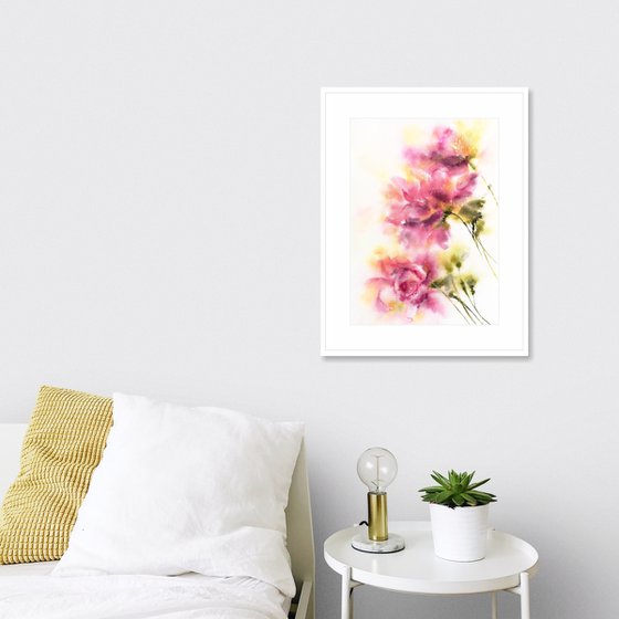 Pink flowers, abstract floral bouquet, watercolor