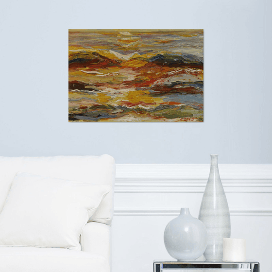 RAY OF SAN - Landscape art, waterscape, marina, ocean, beach, sun on the water, sunrise, ray of light,  original oil painting, summer, wave, yellow, red, orange, warm colours, nature impressionism art office interior home decor, gift 53x73