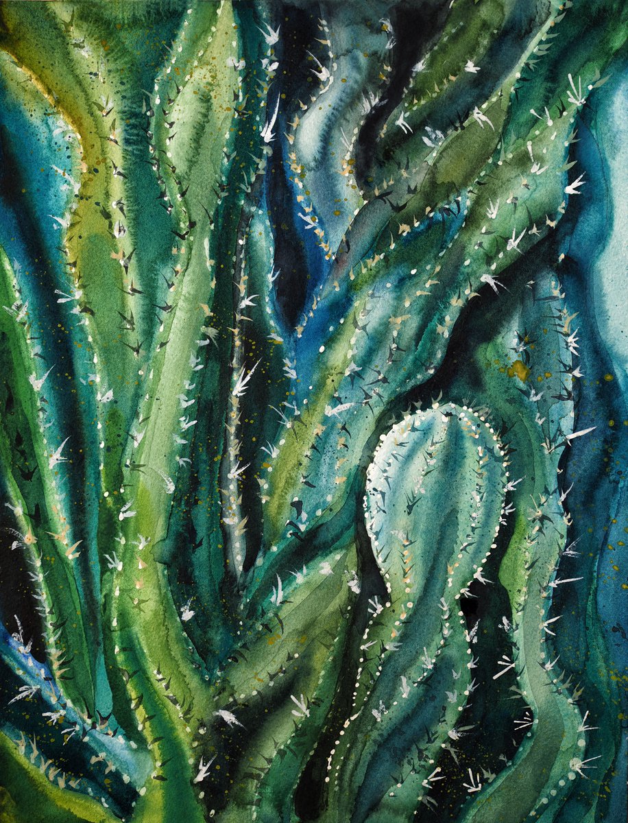 Expressive cacti - green original watercolor succulents by Delnara El