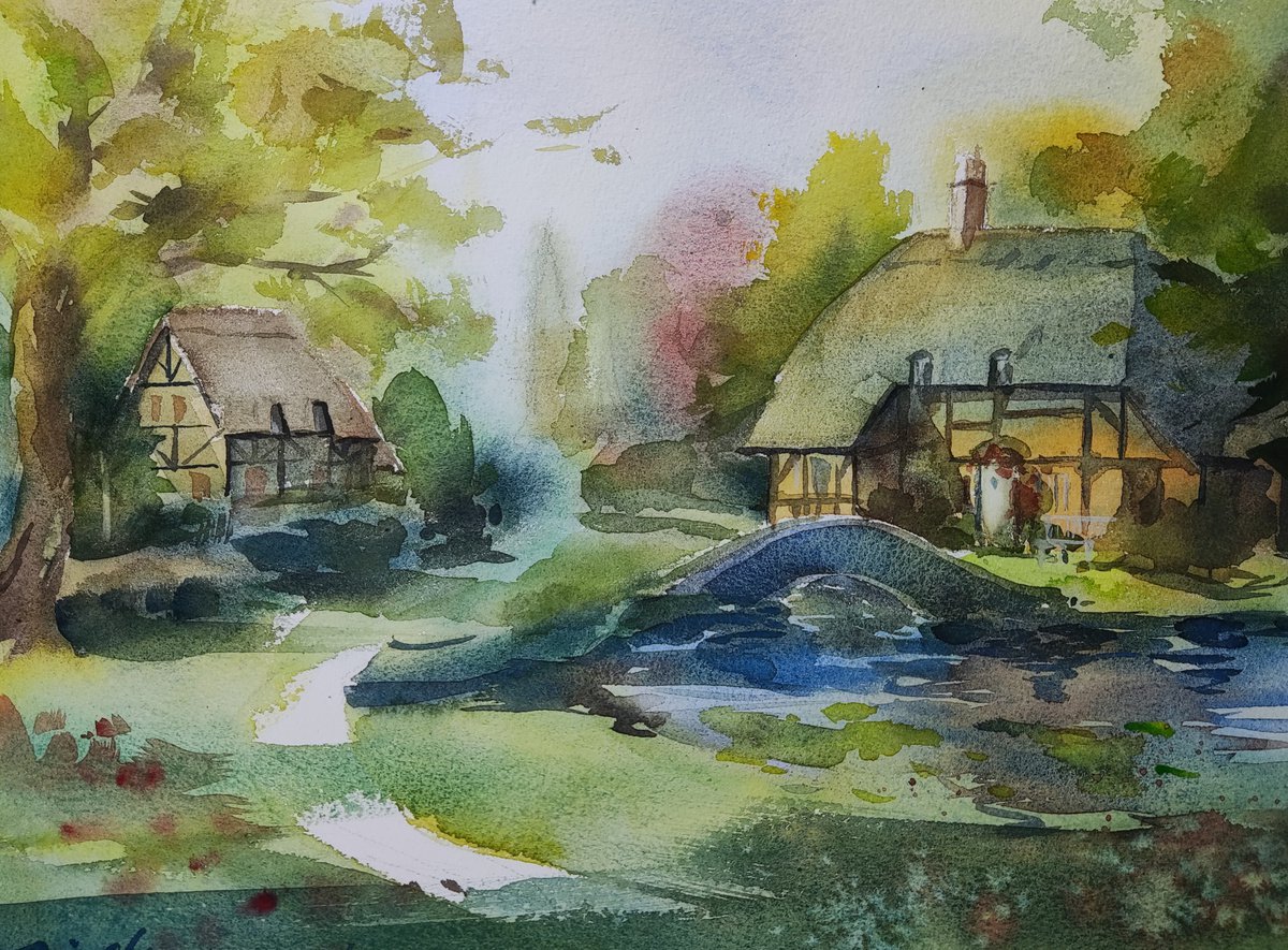 Impressionistic Cityscapes Watercolour By Jing Chen, 15 X 11, Countryside, Original Artwork