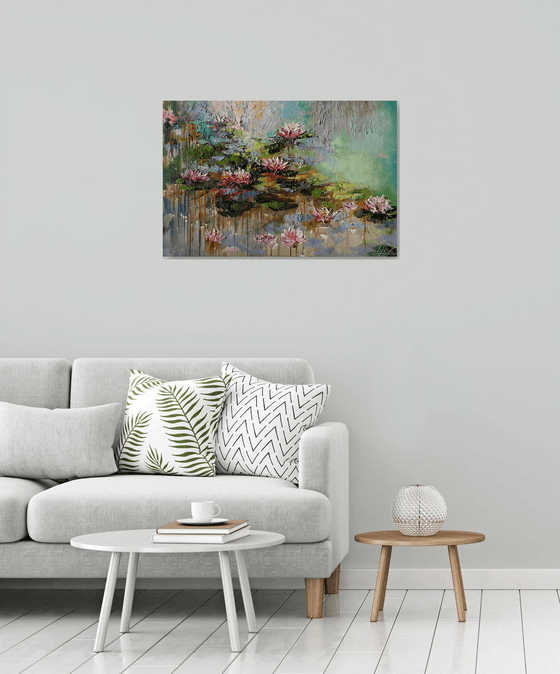 Water lilies original oil large painting, impasto Lily white flowers