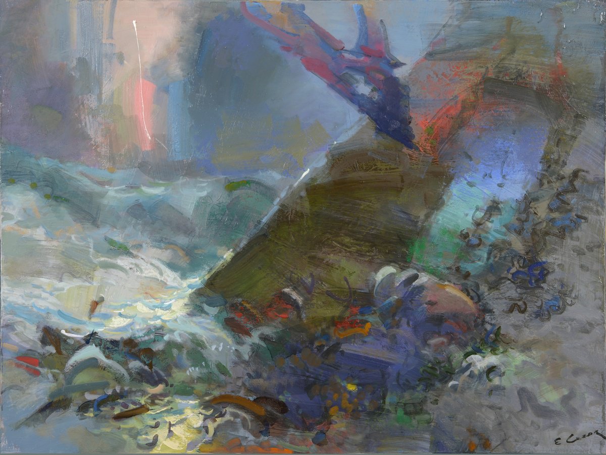 Expressive Landscape Oil Painting By Eugene Segal, 40 X 30, Birds Over The Sea, Original Artwork