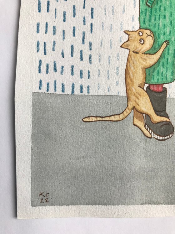 Umbrella & Cat - Mixed-media